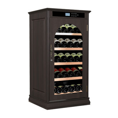 Bom preço Armário de refrigeração de vinho de madeira preta com elegante porta de vidro arqueada e tecnologia de controle de clima on-line