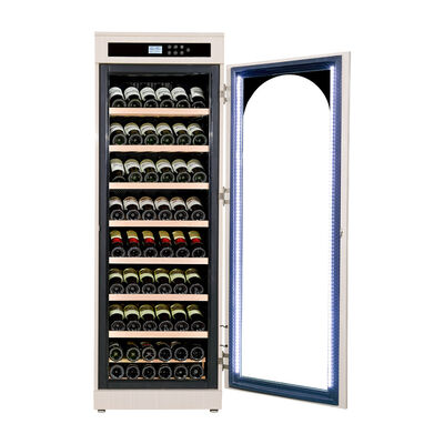 Bom preço Refrigerador de vinho independente de madeira com painel de controle digital e porta de vidro arqueada on-line