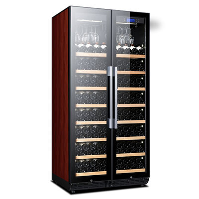 Bom preço Refrigerador de vinho de madeira de grande capacidade independente com controle de temperatura de zona dupla e portas de vidro temperado protegidas contra UV on-line
