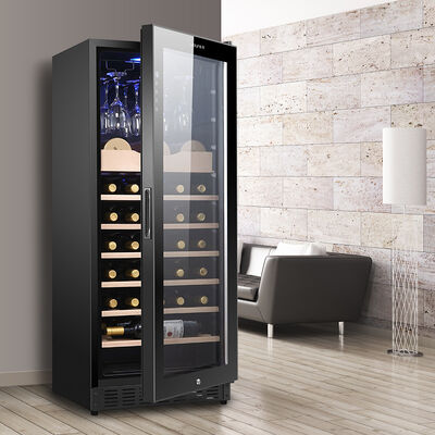 Bom preço Armário de refrigeração de vinho de madeira maciça com porta de vidro de bloqueio e controle digital de toque on-line