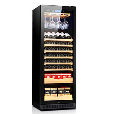 Bom preço Refrigerador de vinho de madeira independente com capacidade de 160 garrafas e porta de vidro de vidro com painel duplo resistente aos raios UV on-line