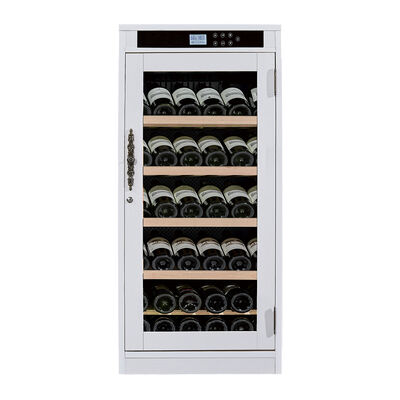 Bom preço Elegante gabinete de vinhos de madeira branca com painel de toque digital prateleiras ajustáveis e luz interior LED on-line