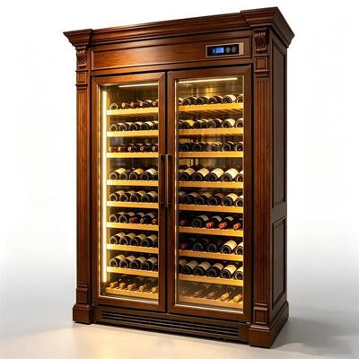 Bom preço Armário refrigerador de vinho de madeira maciça de zona dupla com controle de temperatura digital inteligente on-line