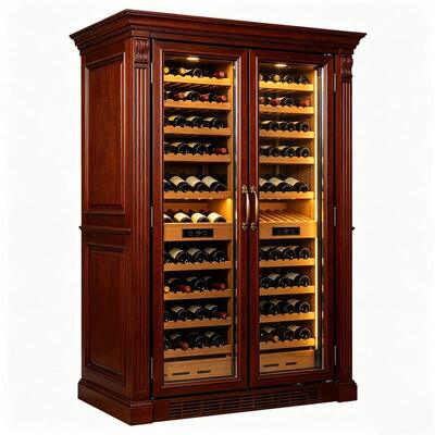 Bom preço Armário de refrigeração de vinho de madeira maciça de zona dupla com portas de vidro de controle digital on-line