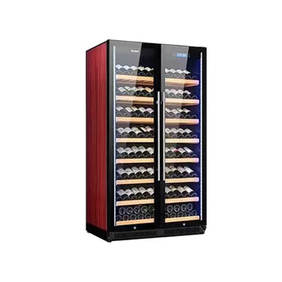 Bom preço Armário refrigerador de vinho de zona dupla com portas de vidro temperado e prateleiras de madeira on-line